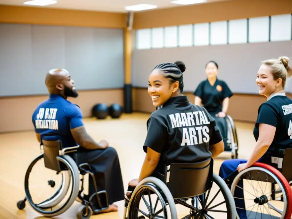 Clase de artes marciales inclusiva: diversidad y determinación Estudiantes de artes marciales de diversas edades y habilidades practican juntos en un dojo inclusivo y motivador