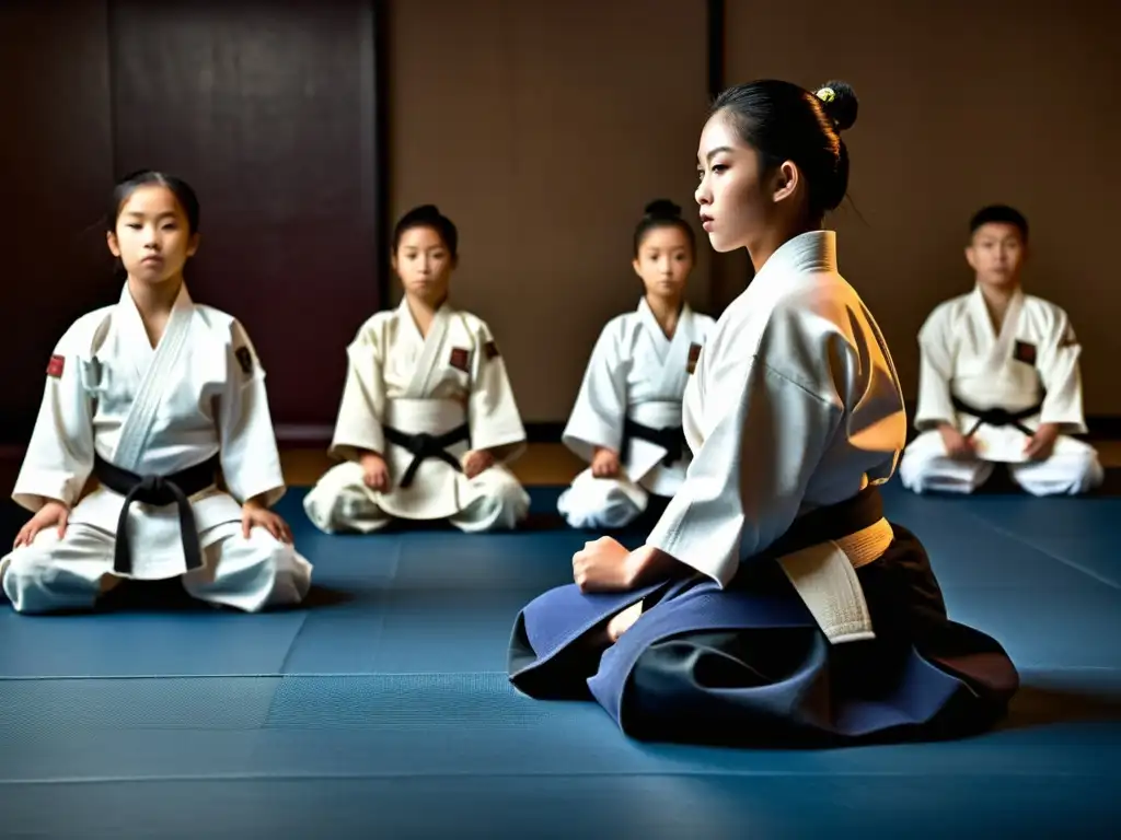 Estudiantes de artes marciales practicando formas con concentración en un dojo tradicional