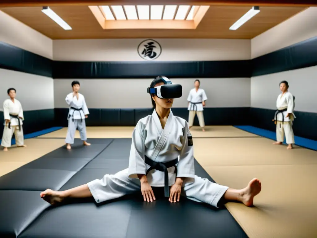 Estudiantes de artes marciales usando herramientas tecnológicas para entrenamiento marcial en un dojo de realidad virtual de alta tecnología