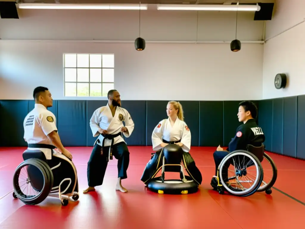 Entrenamiento inclusivo en dojo de artes marciales Estudiantes de artes marciales practican juntos en un dojo inclusivo y bien iluminado, demostrando enseñanza inclusiva de artes marciales