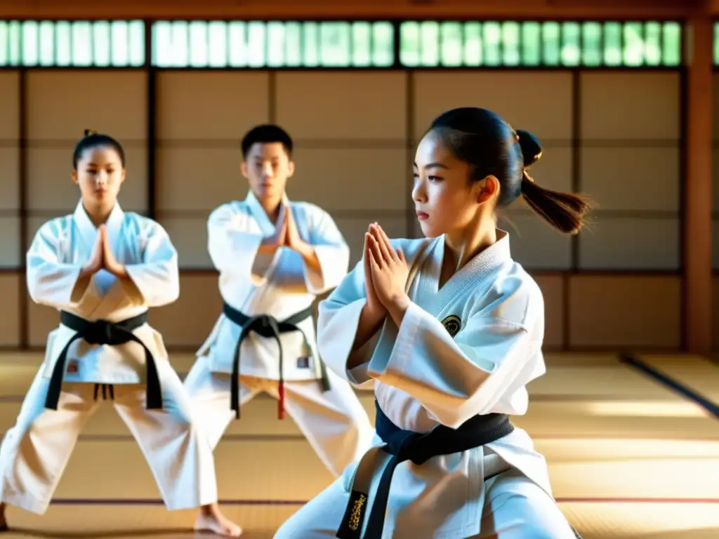 Estudiantes de artes marciales realizan kata sincronizado en un dojo sereno, mostrando disciplina y precisión