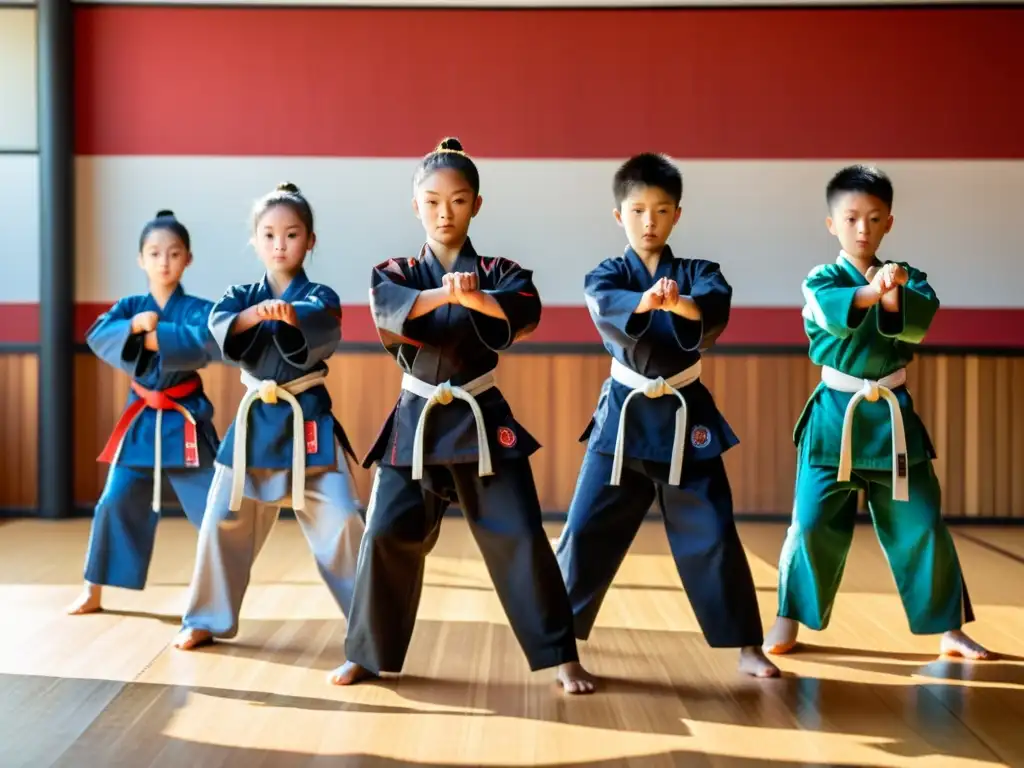 Estudiantes de artes marciales ejecutan una kata sincronizada en un dojo soleado, destacando la importancia de la disciplina en esta práctica ancestral