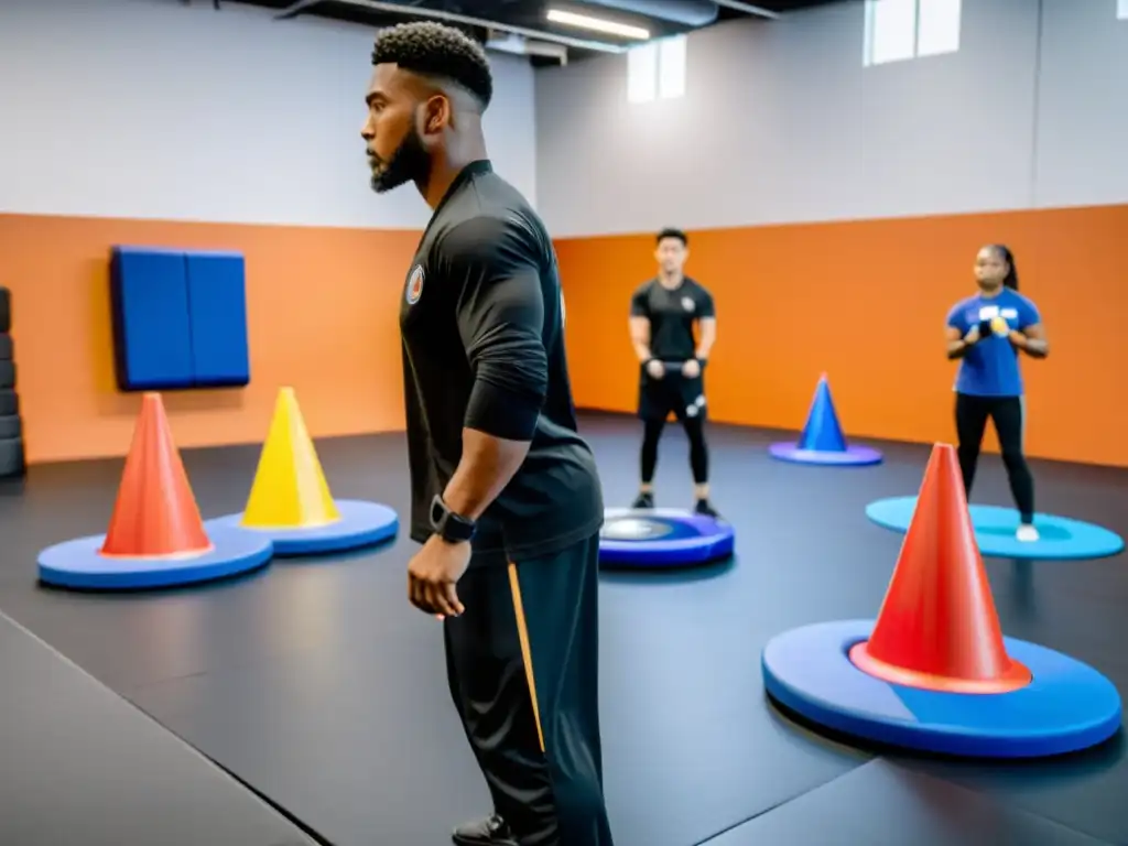 Estudiantes de artes marciales entrenan con los mejores discos y conos para aumentar su agilidad y precisión, bajo la atenta mirada del instructor