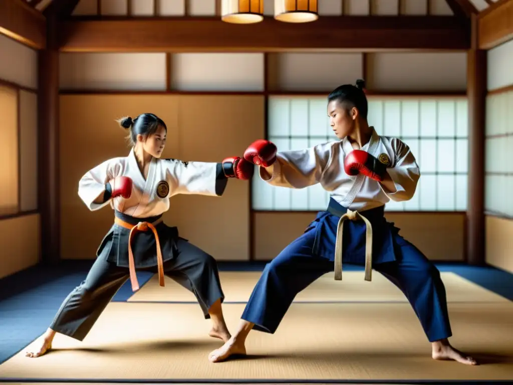 Estudiantes de artes marciales practicando movimientos precisos en un dojo iluminado por el sol, mostrando preparación para eventos de artes marciales