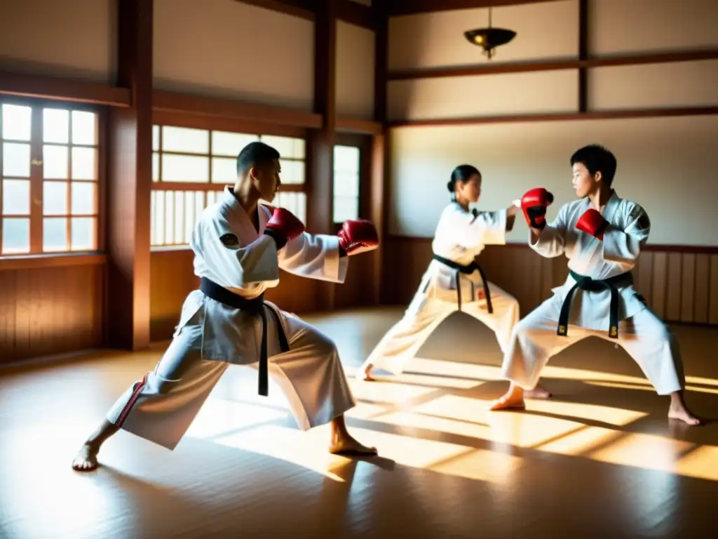 Estudiantes de artes marciales practican movimientos precisos y potentes en un dojo iluminado por el sol, bajo la atenta mirada del sensei