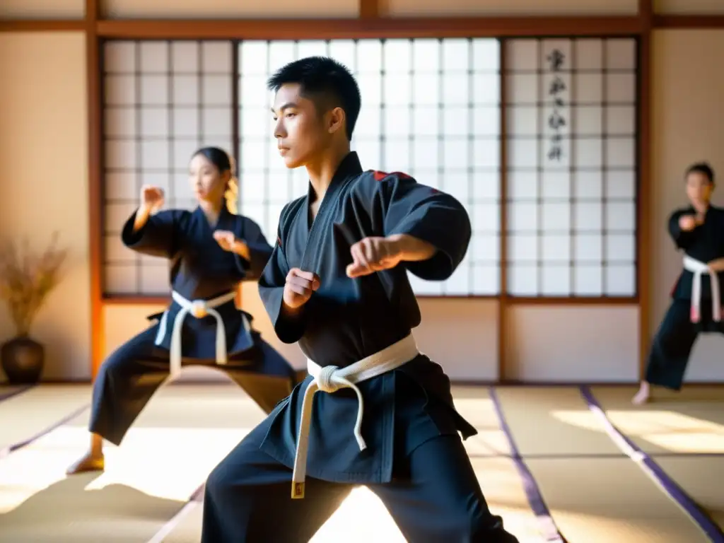 Estudiantes de artes marciales practican movimientos precisos en un dojo sereno, reflejando la filosofía de las clínicas de artes marciales