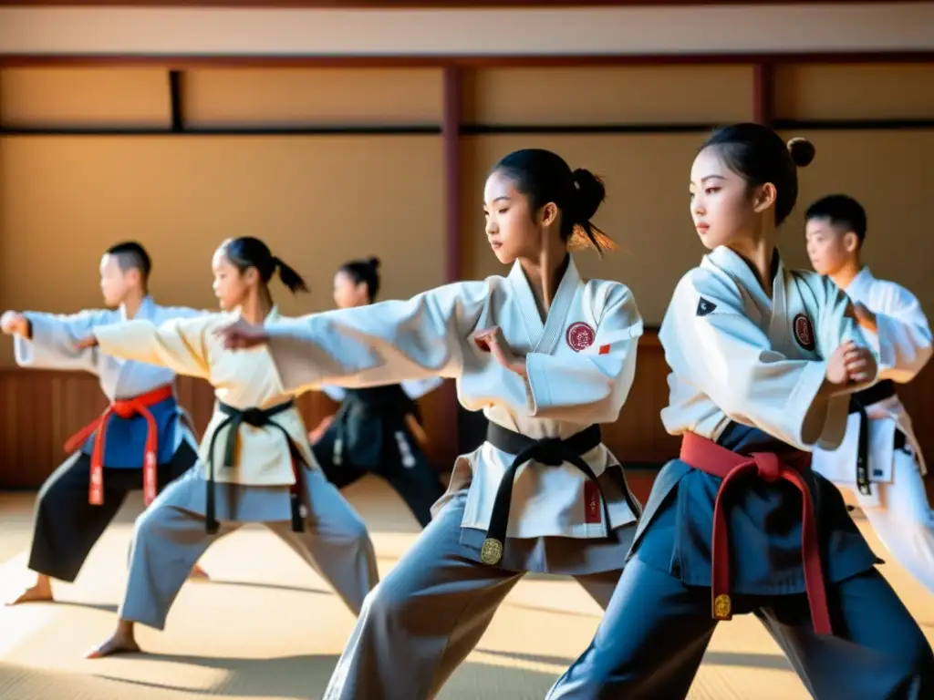 Estudiantes de artes marciales practican movimientos precisos en un dojo tranquilo y soleado, mostrando disciplina y concentración