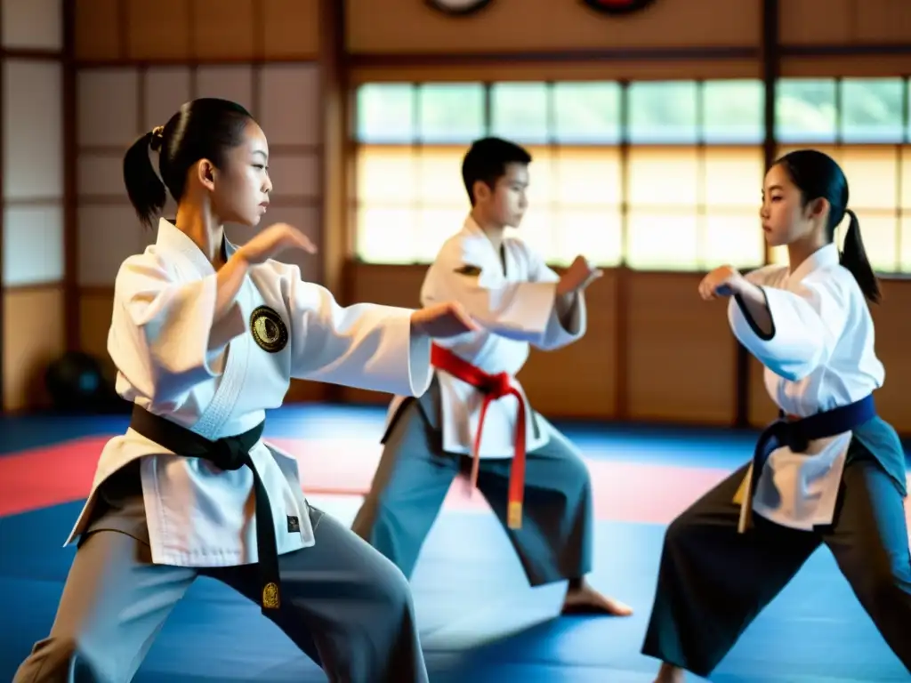 Estudiantes de artes marciales practicando movimientos precisos y sincronizados en un dojo sereno y soleado, demostrando disciplina, determinación y habilidades clave para el éxito académico