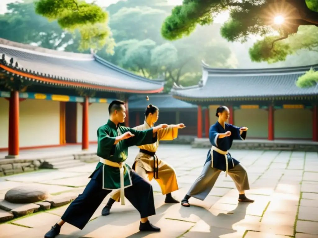 Estudiantes de artes marciales practicando kung fu en un patio tradicional rodeado de exuberante vegetación y antiguas pagodas en Asia