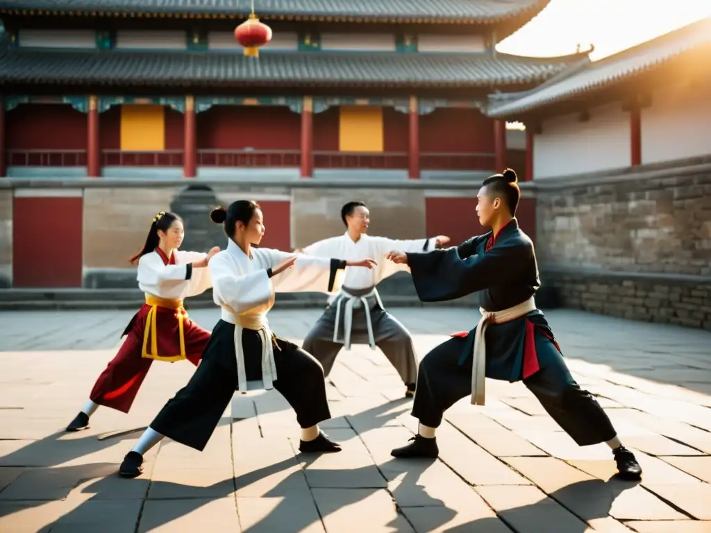 Estudiantes de artes marciales practicando kung fu en un patio tradicional chino al atardecer, transmitiendo serenidad y energía enfocada