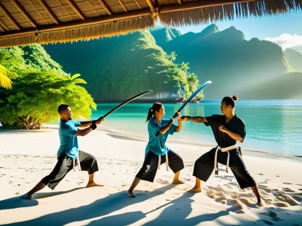 Estudiantes de artes marciales practicando Eskrima en una playa de Filipinas, mostrando disciplina y belleza natural