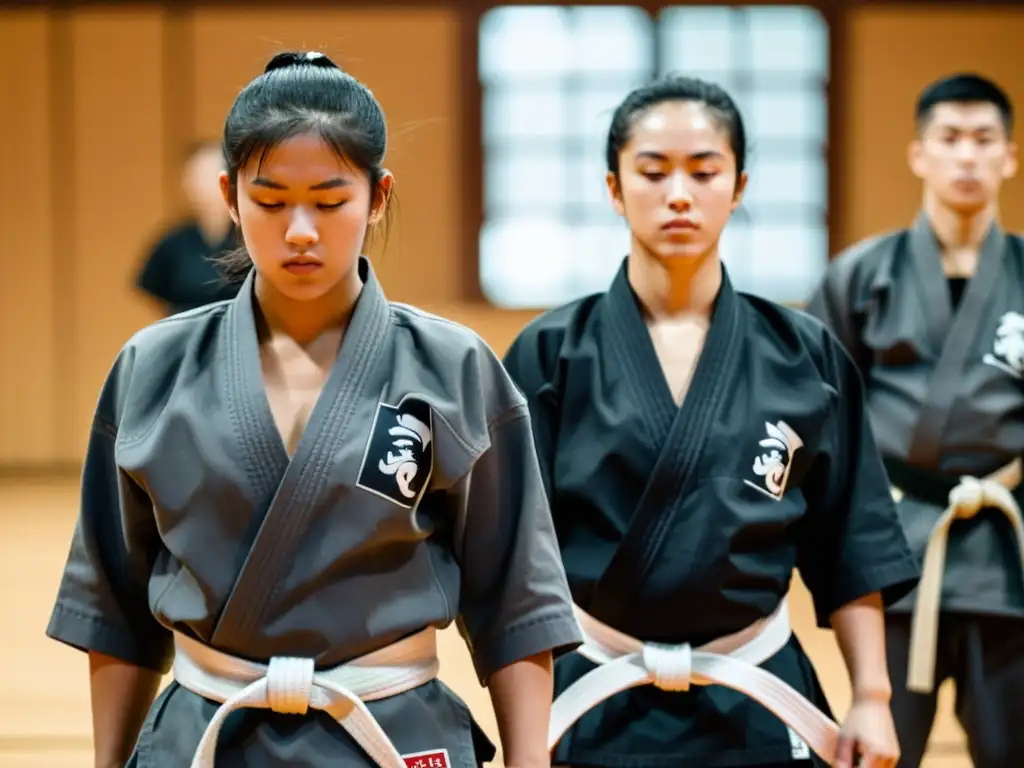 Estudiantes de artes marciales en práctica de técnicas de cinturón negro, enfocados en su entrenamiento mental en un dojo sereno