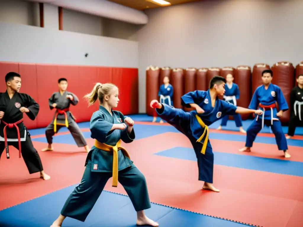 Estudiantes practicando artes marciales con determinación, rodeados de equipo tradicional