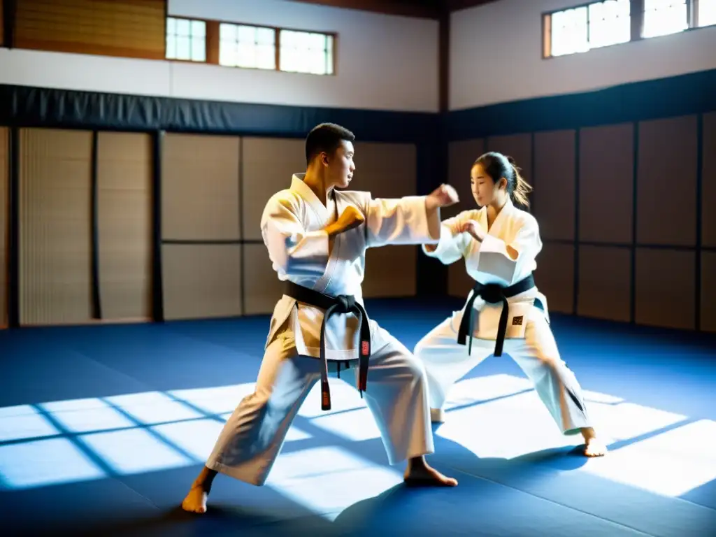 Estudiantes de artes marciales practican tácticas de combate en un dojo soleado