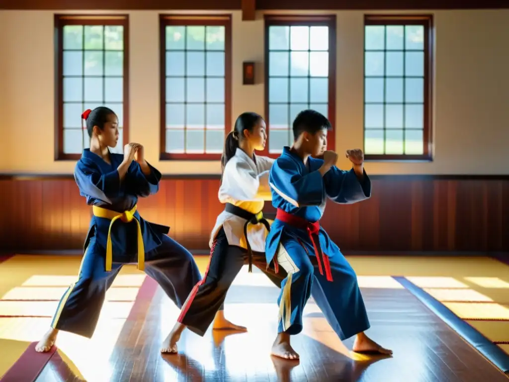 Estudiantes de artes marciales practican técnicas en un dojo con diferentes uniformes de colores, mostrando el significado de los colores en el entrenamiento de artes marciales