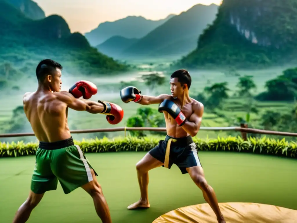 Estudiantes de artes marciales practicando Muay Thai en un campamento tradicional en las montañas de Tailandia