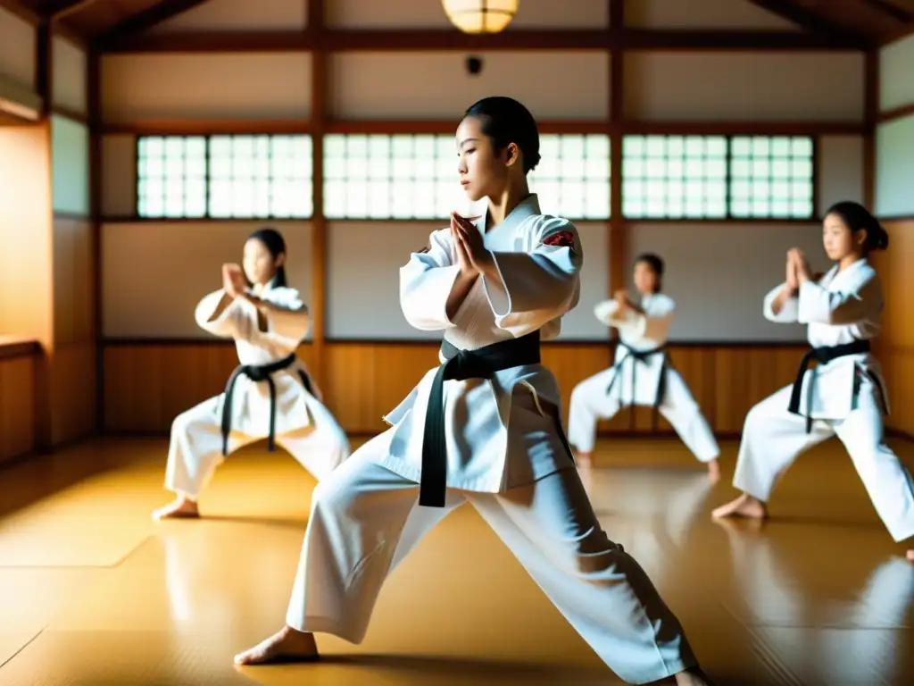 Estudiantes de artes marciales en uniformes blancos realizan movimientos sincronizados en un dojo iluminado por el sol