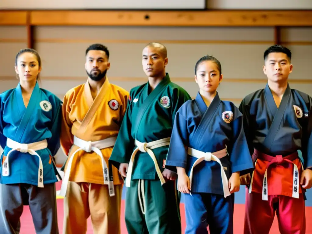 Estudiantes de artes marciales en uniformes coloridos, destacando la significancia del color en artes marciales