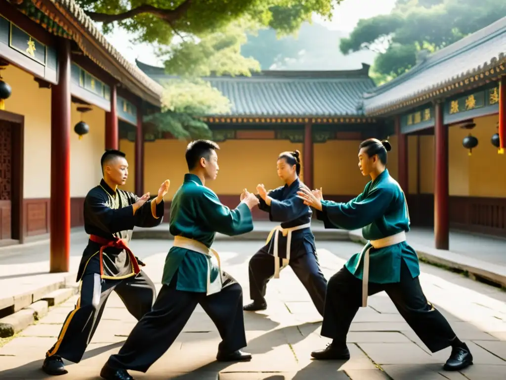 Estudiantes de artes marciales practicando Wing Chun en un patio chino tradicional, capturando la energía dinámica