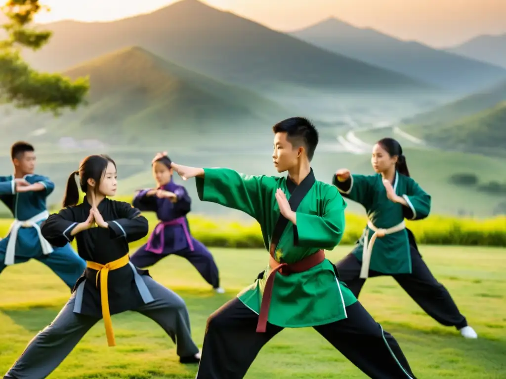 Estudiantes practican Kung Fu al atardecer en escenario escolar, mostrando beneficios físicos y mentales