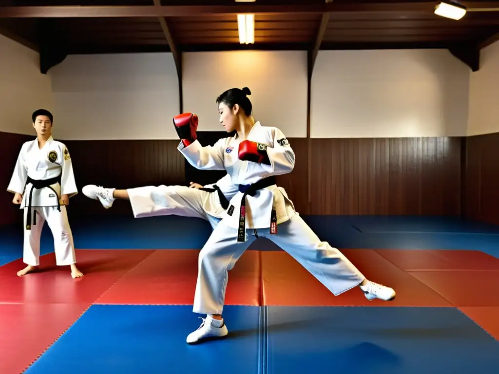 Estudiantes avanzados de taekwondo practican patadas y técnicas complejas en un dojo espacioso y bien iluminado