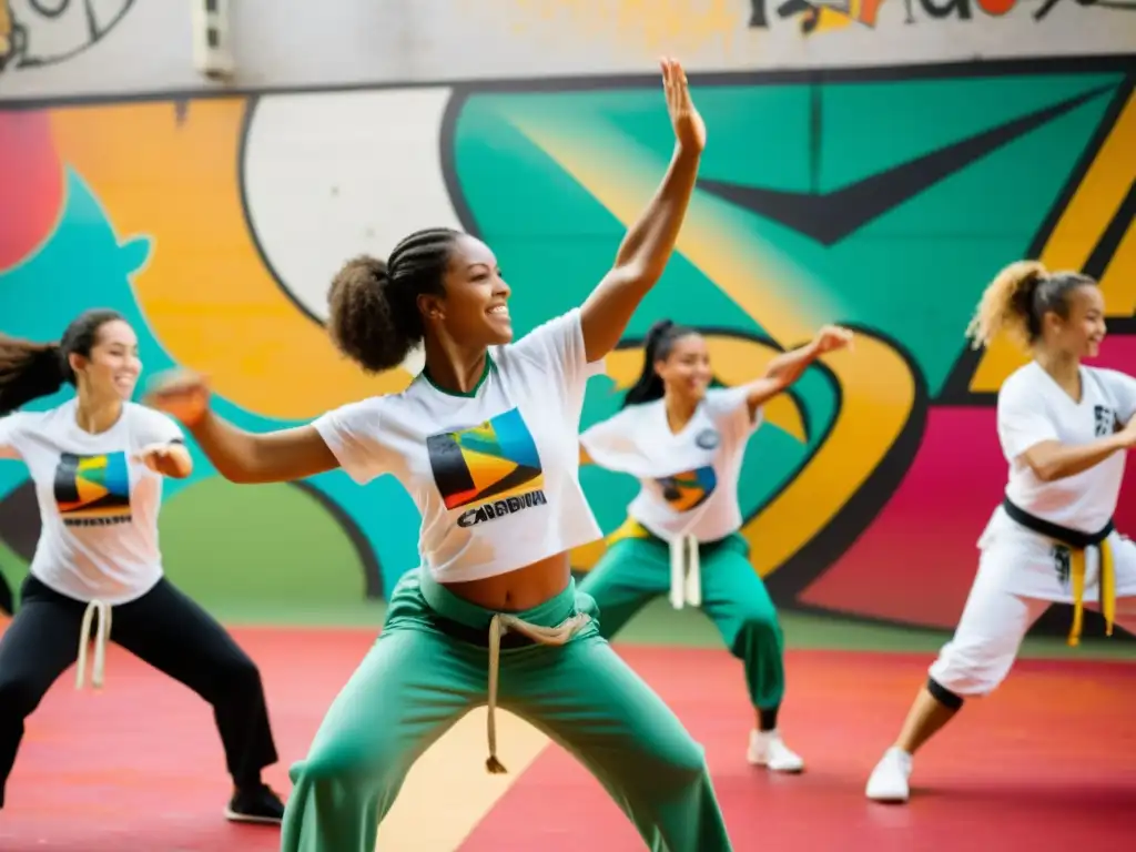 Estudiantes practican Capoeira, mostrando movimientos fluidos y acrobáticos