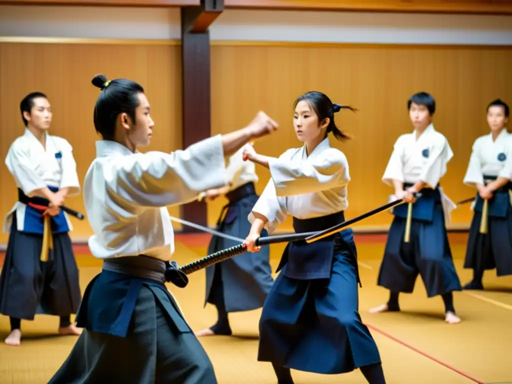 Estudiantes dedicados practicando Kendo y Iaido en un dojo tradicional, mostrando disciplina y pasión