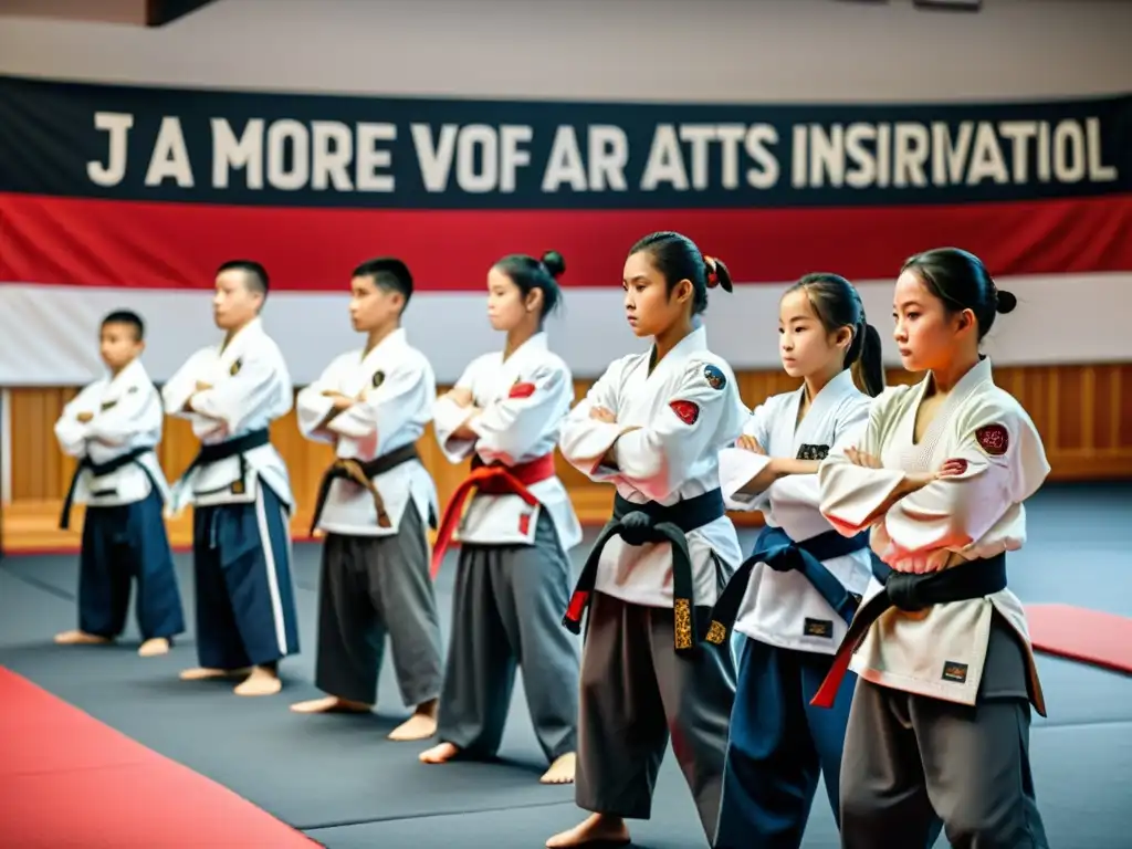 Estudiantes disciplinados en dojo de artes marciales