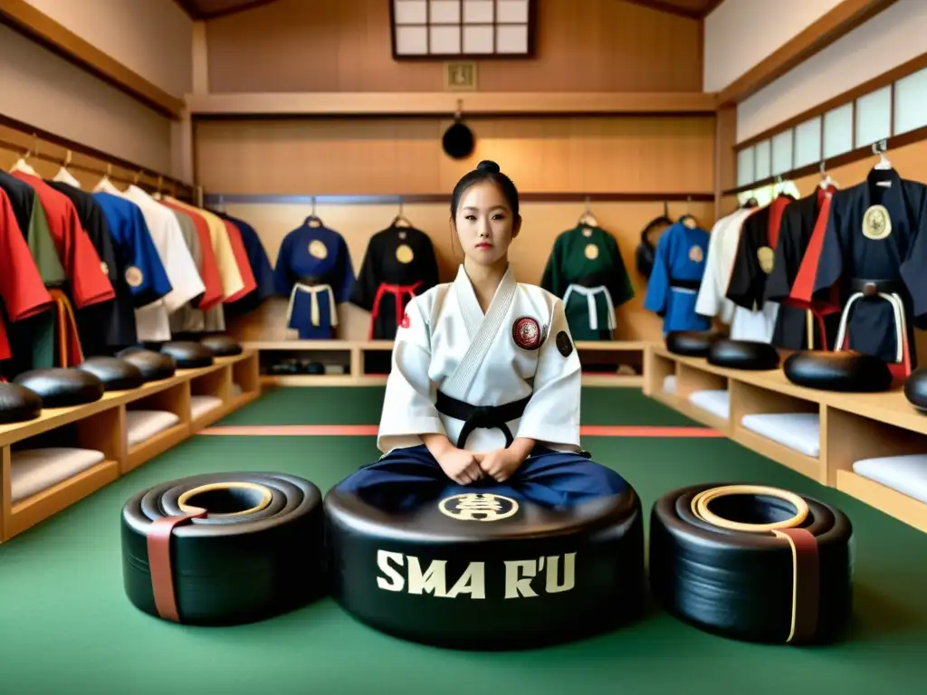 Estudiantes practicando en dojo de artes marciales con merchandising oficial