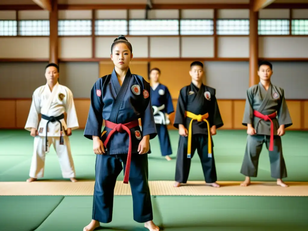 Estudiantes practican en un dojo de artes marciales, destacando la evolución de los uniformes