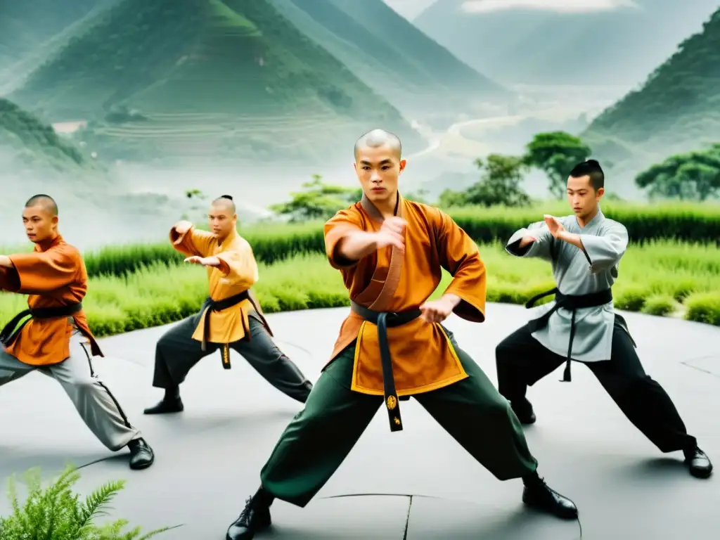 Estudiantes de Kung Fu Shaolin practicando en un entorno natural, mostrando disciplina y habilidad