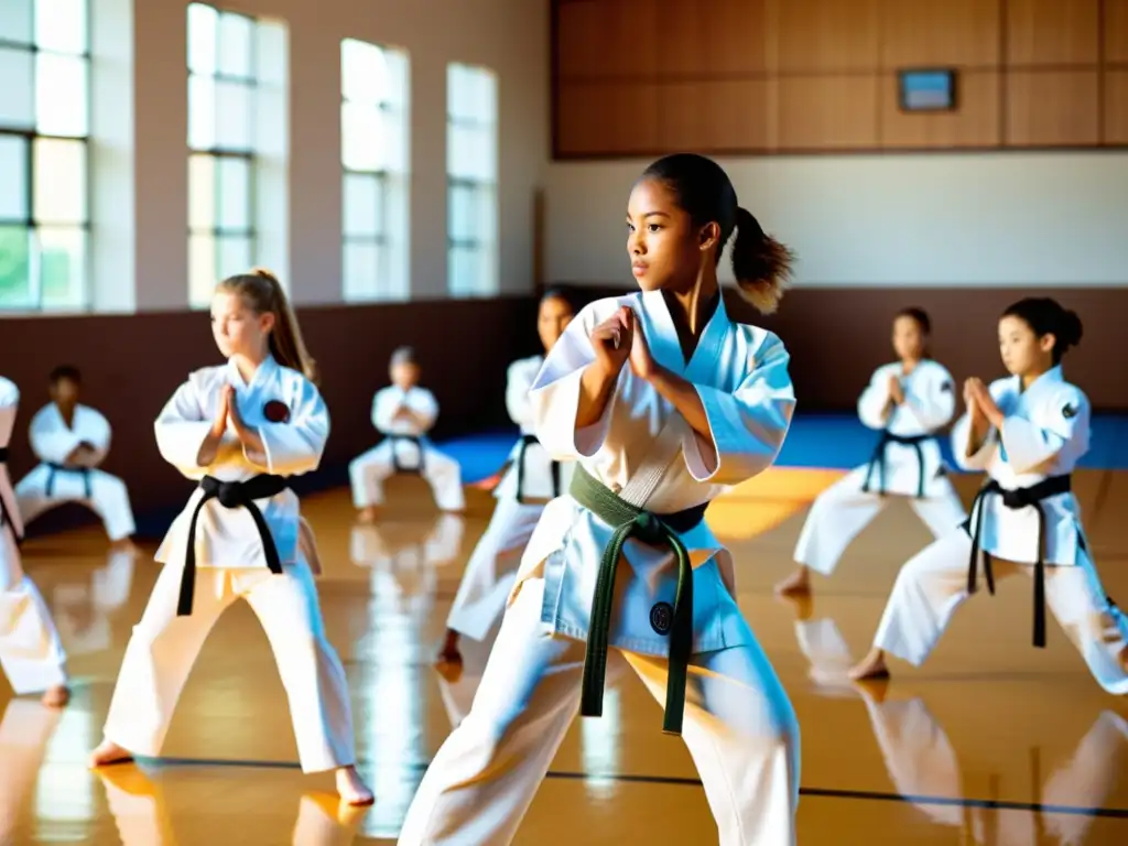 Entrenamiento de karate escolar: disciplina y trabajo en equipo Estudiantes de escuela practicando karate en un gimnasio escolar, demostrando disciplina y enfoque