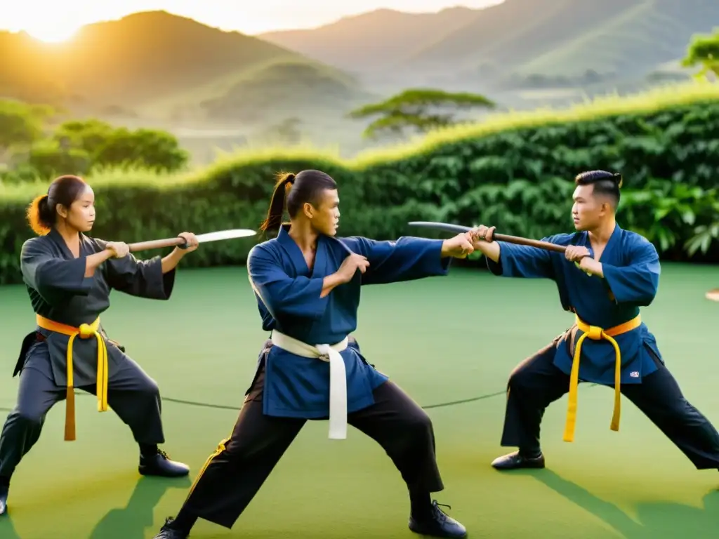 Estudiantes de eskrima practican al atardecer en Filipinas, exudando disciplina y tradición en su arte marcial