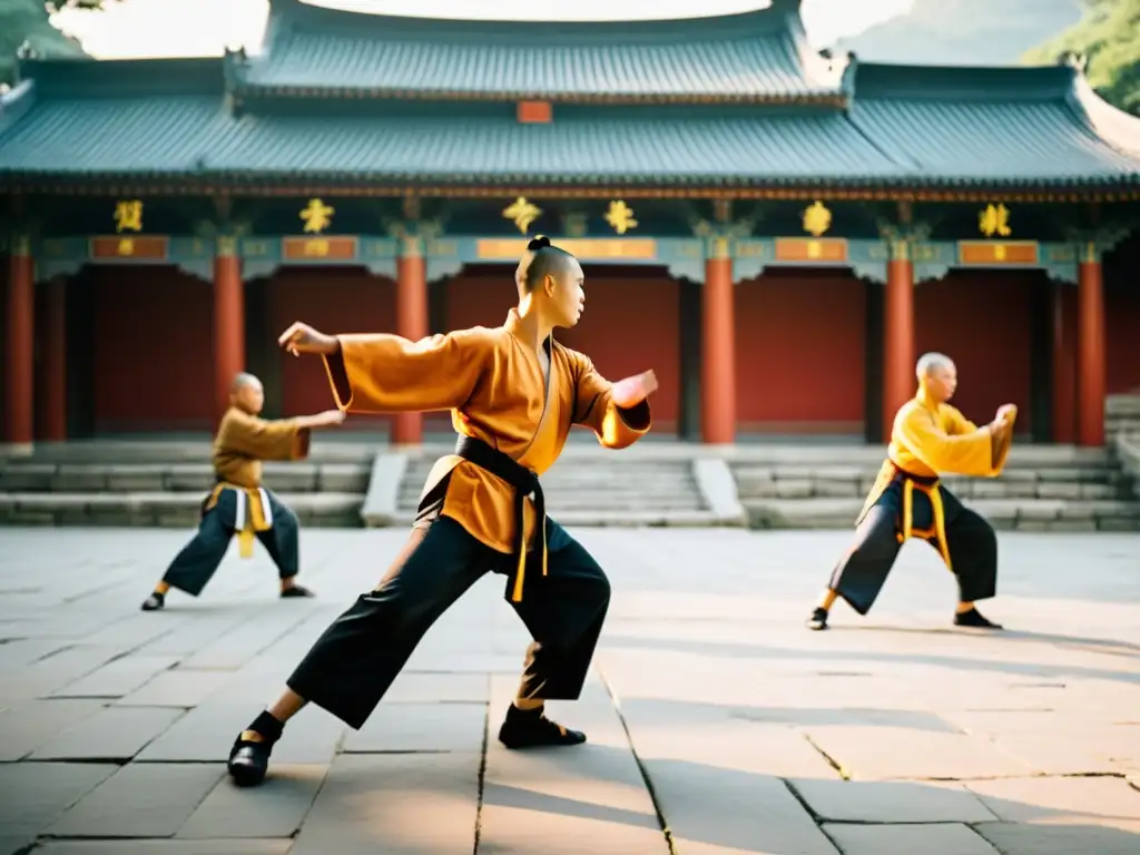 Estudiantes extranjeros practicando Kung Fu Shaolin en el tranquilo patio del templo al atardecer, con maestro observando a la distancia