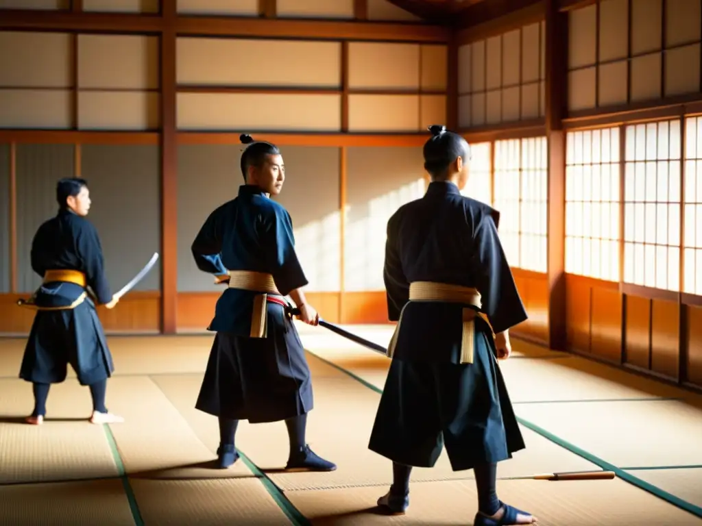 Estudiantes practicando Kendo y Iaido en un dojo tradicional japonés, con una atmósfera serena y disciplinada