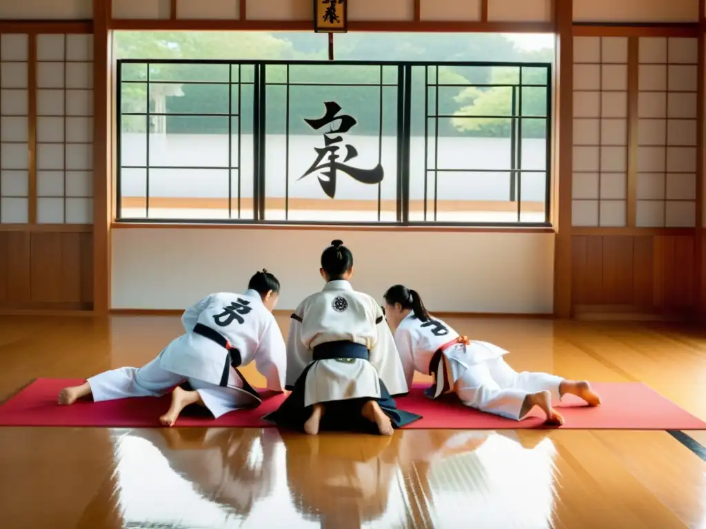 Estudiantes y instructor de Taekwondo en dojang tradicional, reflejando el Código de Conducta Taekwondo Respeto con reverencia y serenidad