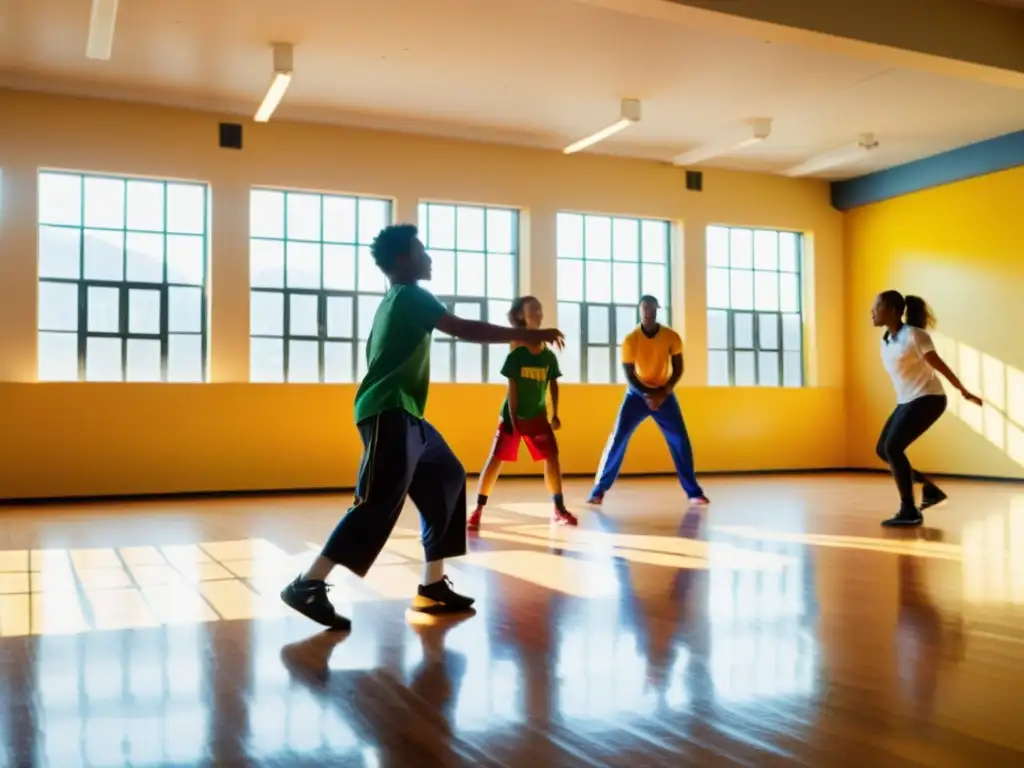 Estudiantes jóvenes practican capoeira en un gimnasio escolar, envueltos en energía y color