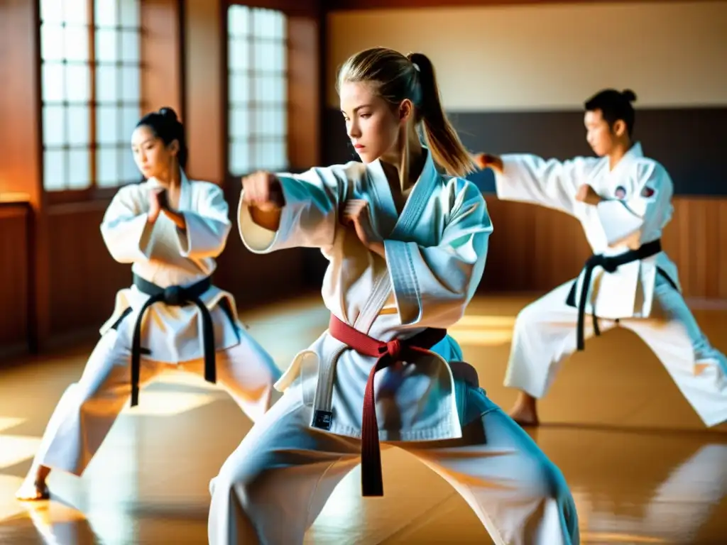 Estudiantes practicando karate con intensidad y precisión en un dojo soleado, evocando la expansión y la historia del karate en América