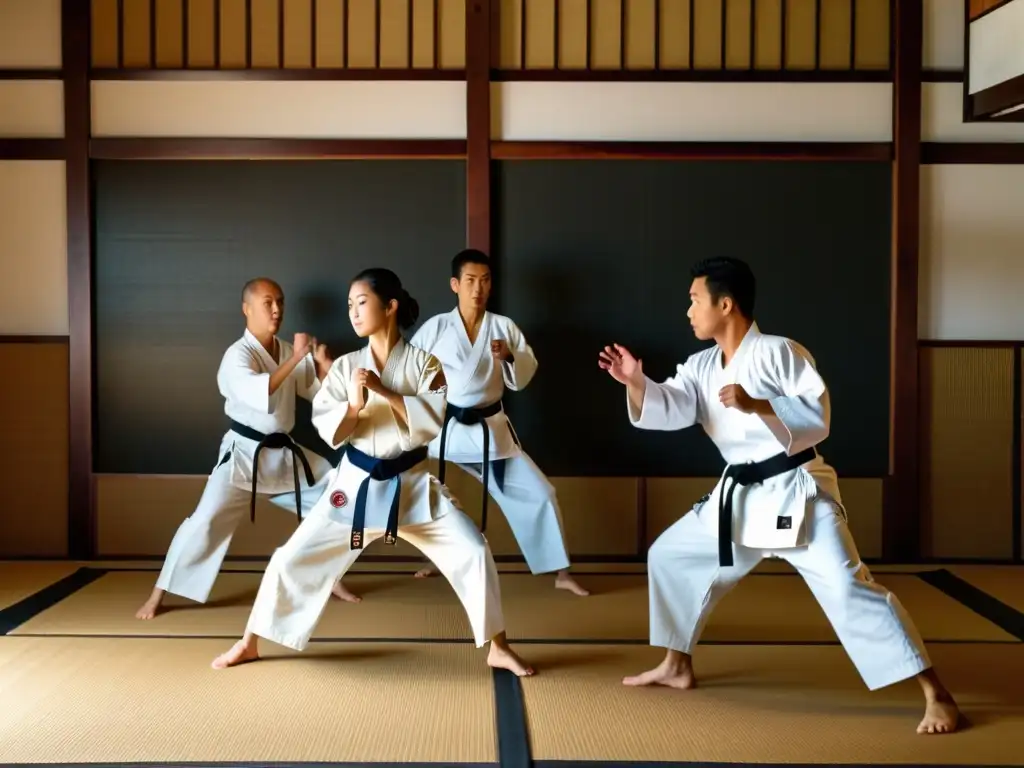 'Estudiantes de karate practicando kata en el tradicional Dojo Karate Okinawa, creando una atmósfera de reverencia y tradición