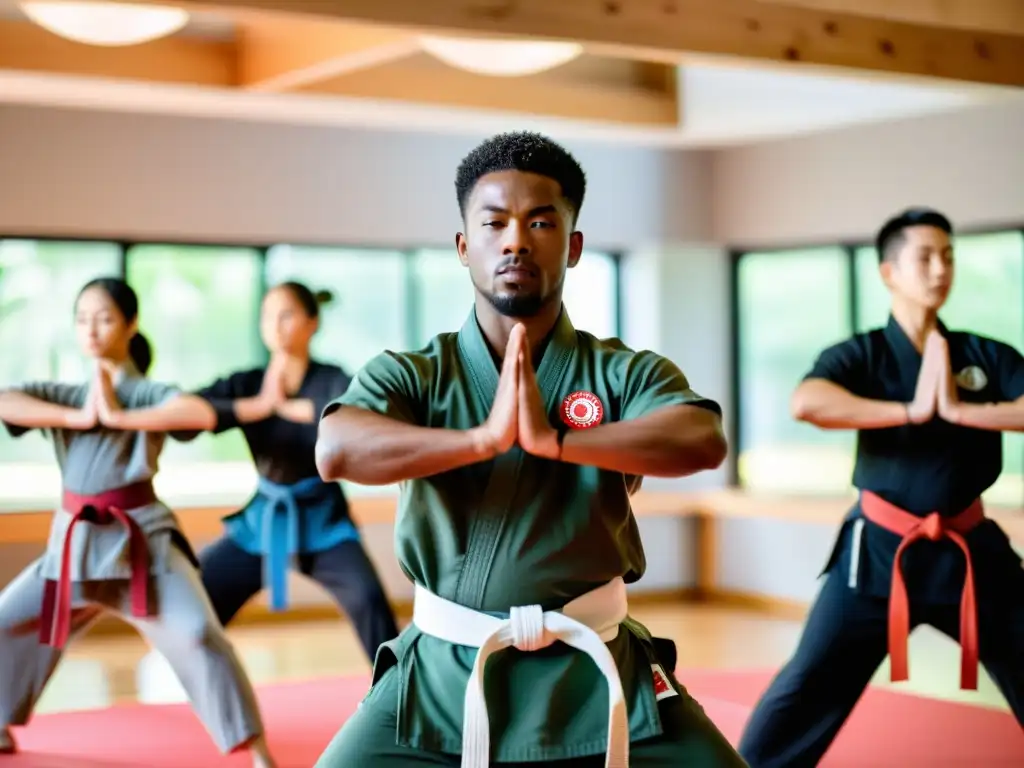 Estudiantes practican mindfulness marcial en un dojo sereno, potenciando su rendimiento escolar con movimientos precisos y determinación