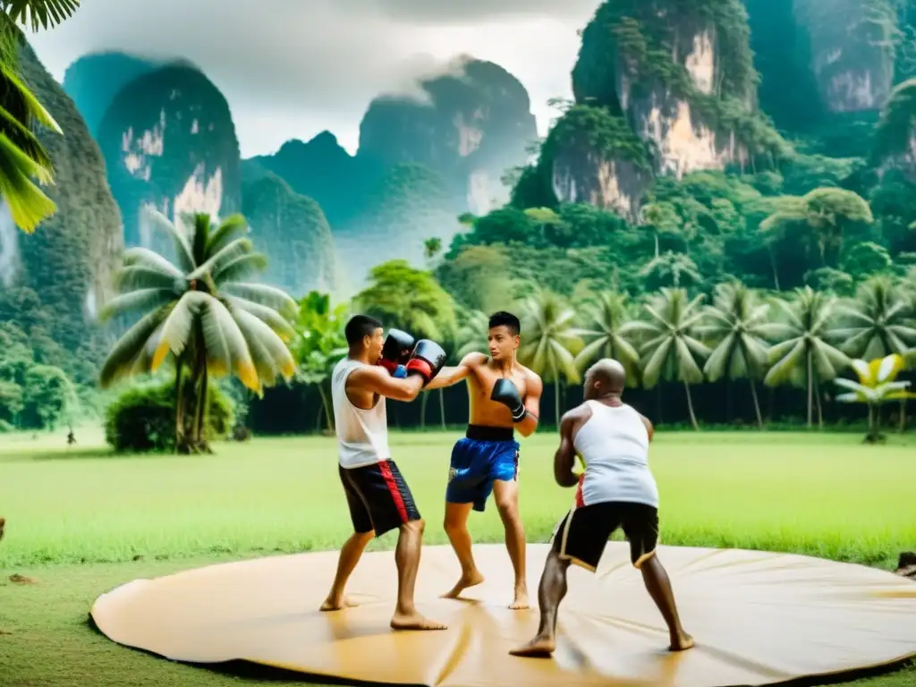 Estudiantes de Muay Thai practican en un campamento al aire libre en Tailandia, rodeados de naturaleza exuberante y un instructor experimentado