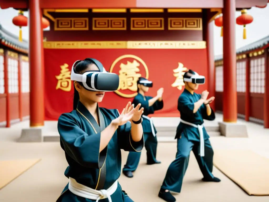 Estudiantes de Kung Fu practican con precisión en un ambiente de realidad virtual en un templo chino antiguo