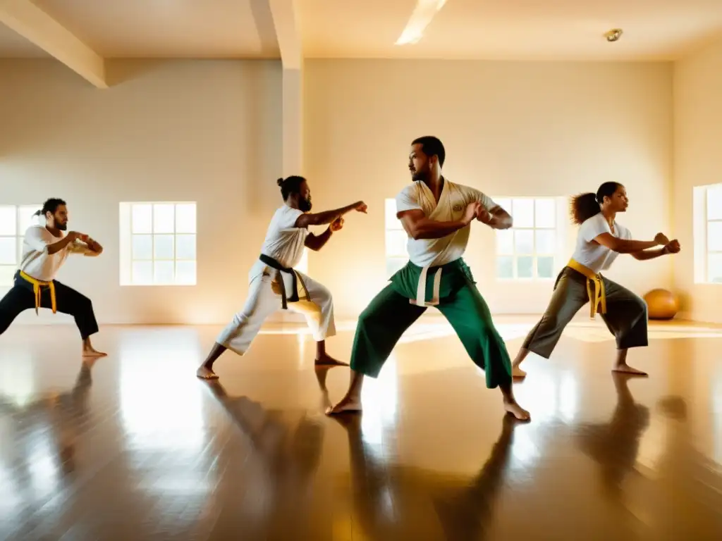 Estudiantes principiantes de capoeira en un estudio soleado, practicando movimientos dinámicos y fluidos