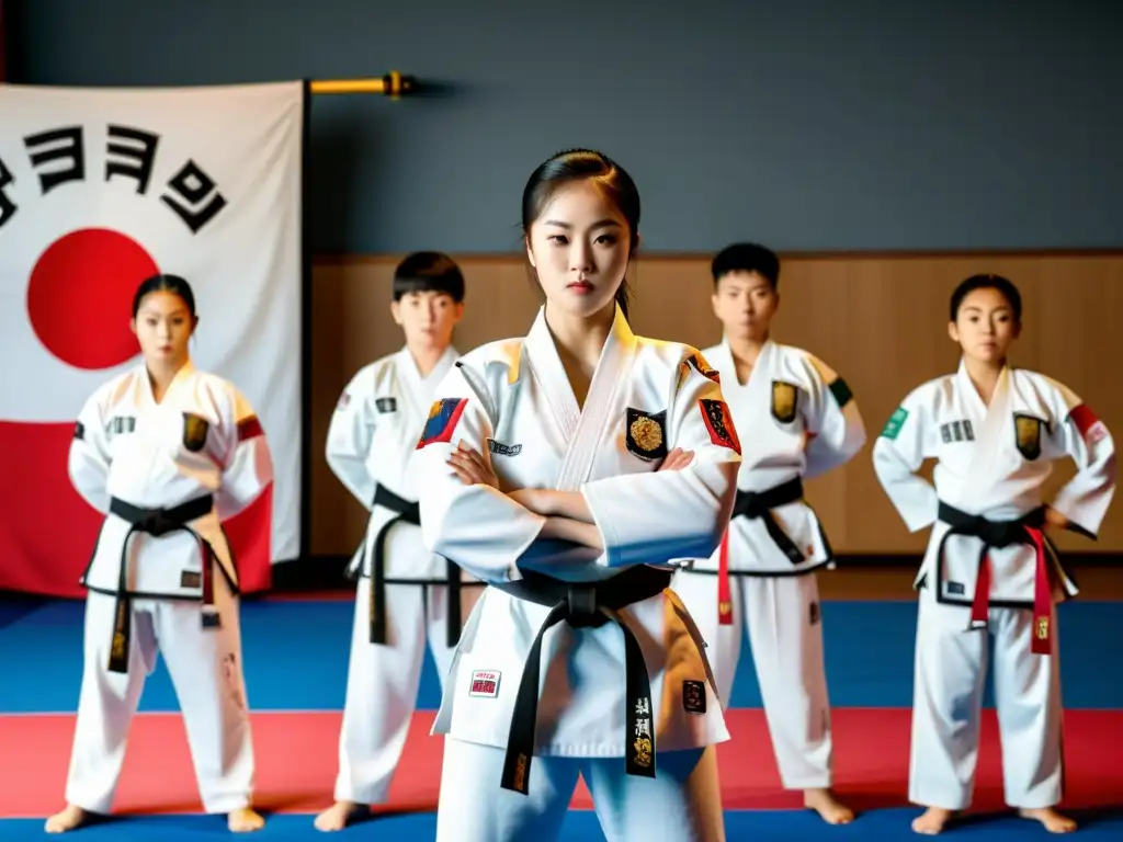 Estudiantes de taekwondo en formación, mostrando disciplina y determinación en un dojang tradicional