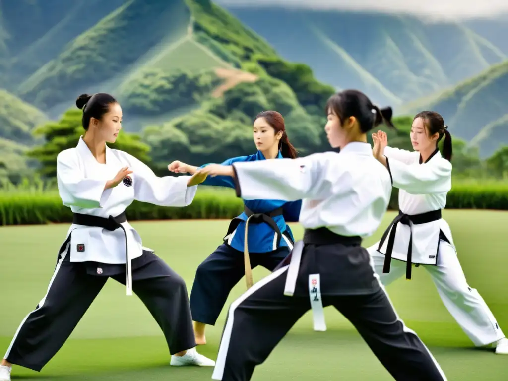 Estudiantes de Taekwondo entrenan en un dojang tradicional rodeado de montañas verdes, reflejando el auténtico entrenamiento de Taekwondo en Corea