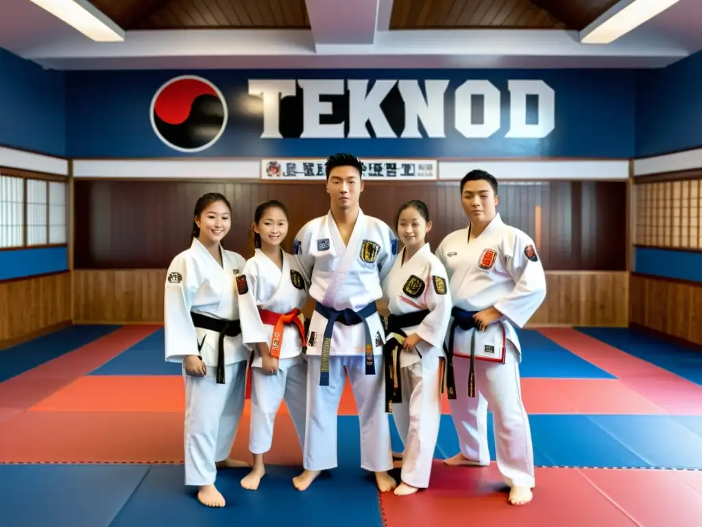 Estudiantes de Taekwondo en dojo tradicional practicando formas y combate bajo la mirada atenta del maestro