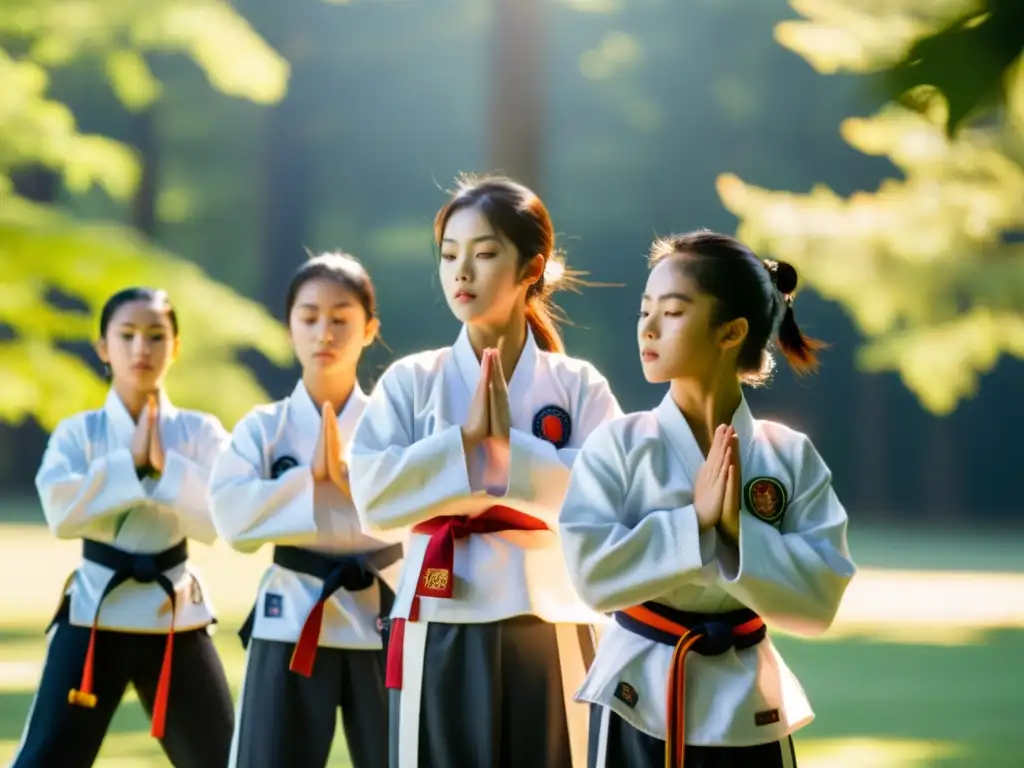 Estudiantes de Taekwondo practicando mindfulness en un entorno sereno y soleado, expresando equilibrio y fuerza interior