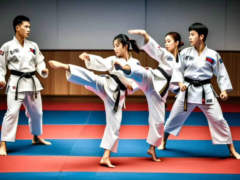 Estudiantes de Taekwondo en formación, ejecutando potentes patadas altas con determinación