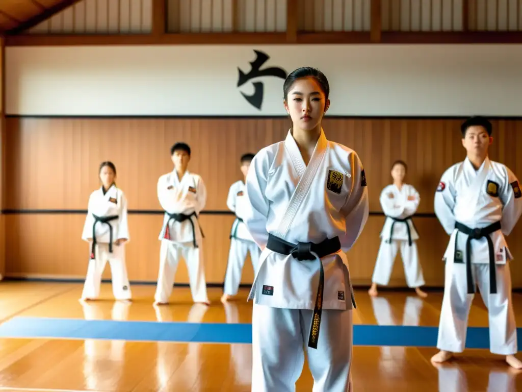 Estudiantes de Taekwondo en uniformes blancos, mostrando respeto y disciplina en el dojang