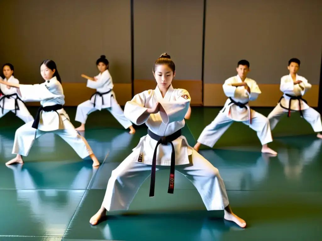 Estudiantes de karate en formación con instructor Estudiantes practican técnicas de karate con precisión en un dojo, mostrando la integración del Karate en educación física